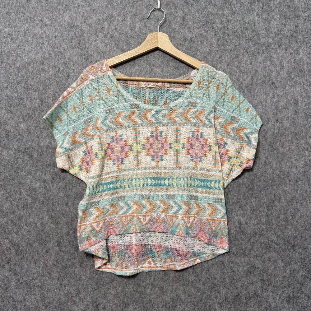 Love‎ J USA Women's Crochet Knit Pastel Geometric Top Sz M Y2K Boho Festival
